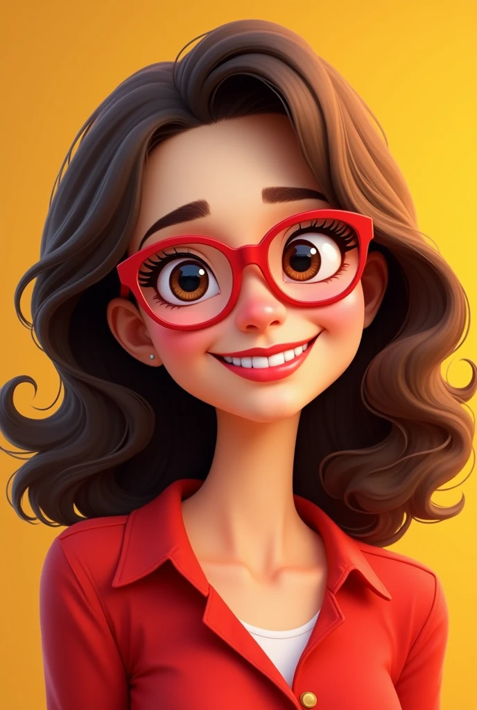 avatar of a 40 year old white adult woman with medium length brown hair, smiling with red lipstick and red blouse, wearing red framed glasses. Pixar-style