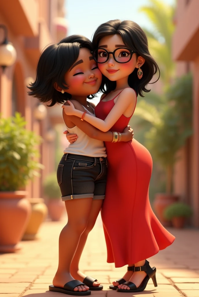 Create Disney Pixar Image, two friends hugging 3d a chubby one, brunette skin, black short hair, white blouse and black denim shorts, flip flop, relogio no pulso, And the other woman, skinny, Caucasian skin, hair long black, Eyeglasses, redgown, black high sandals, Bracelet & Watch