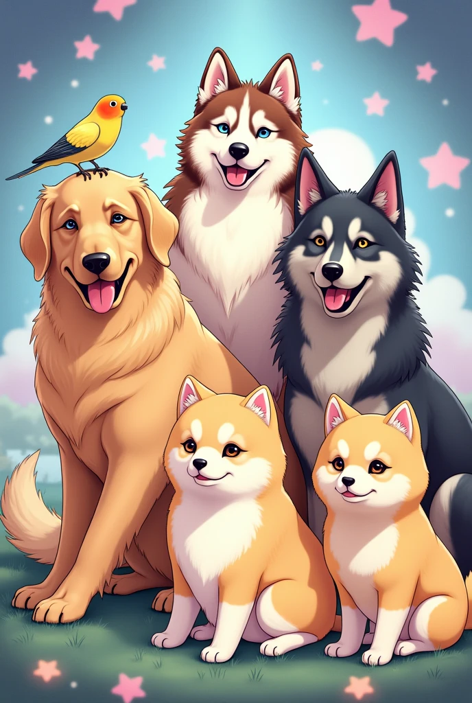 An illustration style image featuring a golden retriever, a furry black and white Siberian husky with one blue eye and one black eye, a gray yellow golden retriever, a yellow akita with beige and only one eye and a cockatiel
