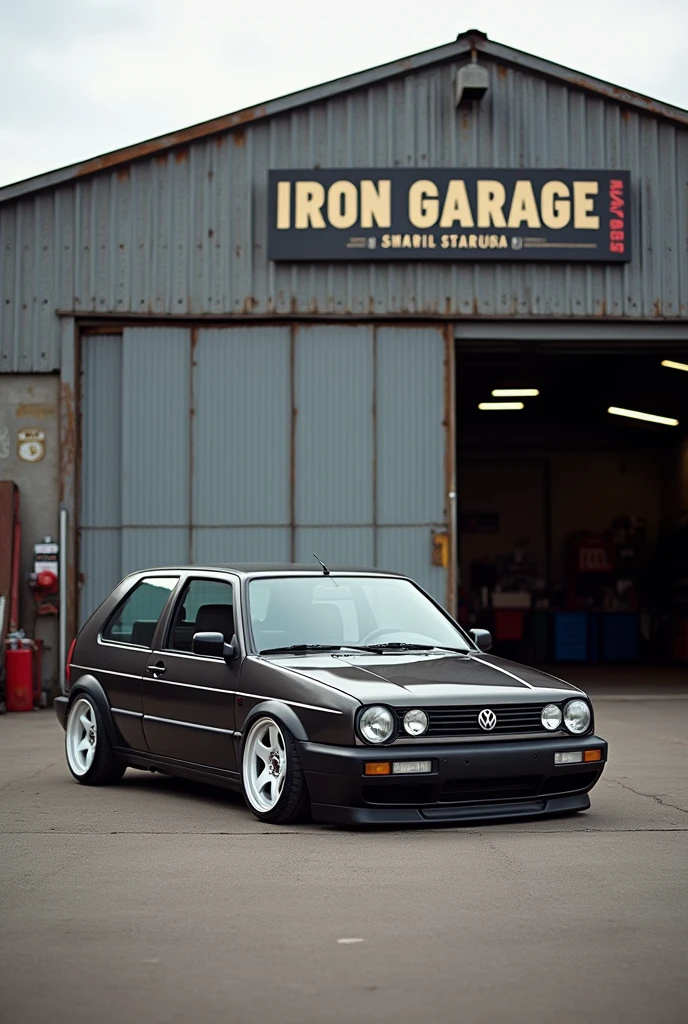 Lowered VW Gol in front of the workshop named IRON GARAGE