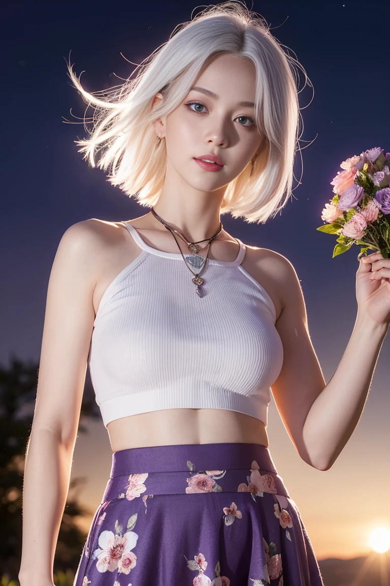 realistic, 1girl, white hair, purple eyes, glowing eyes, crop top, skirt, parted lips, blush, night, flowers, sun, sunlight,
