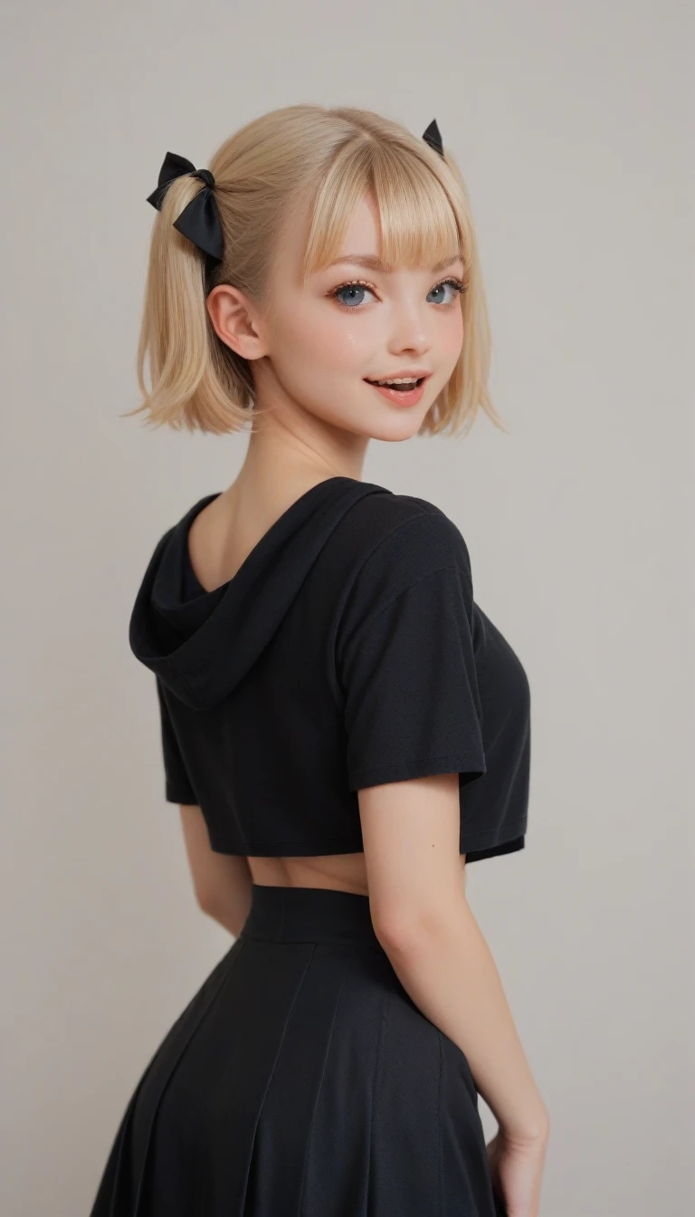 UltrarealismAccuracy, textured leather, Realistic anatomy,similar to Lyvlas 1 girl,schoolgirl, Breasts, blushing, short hair, blonde hair, bang, bang на глаза, back view, looks at the viewer, Smile, open mouth, Double tails, hair ribbon, Hood thrown back,anime style