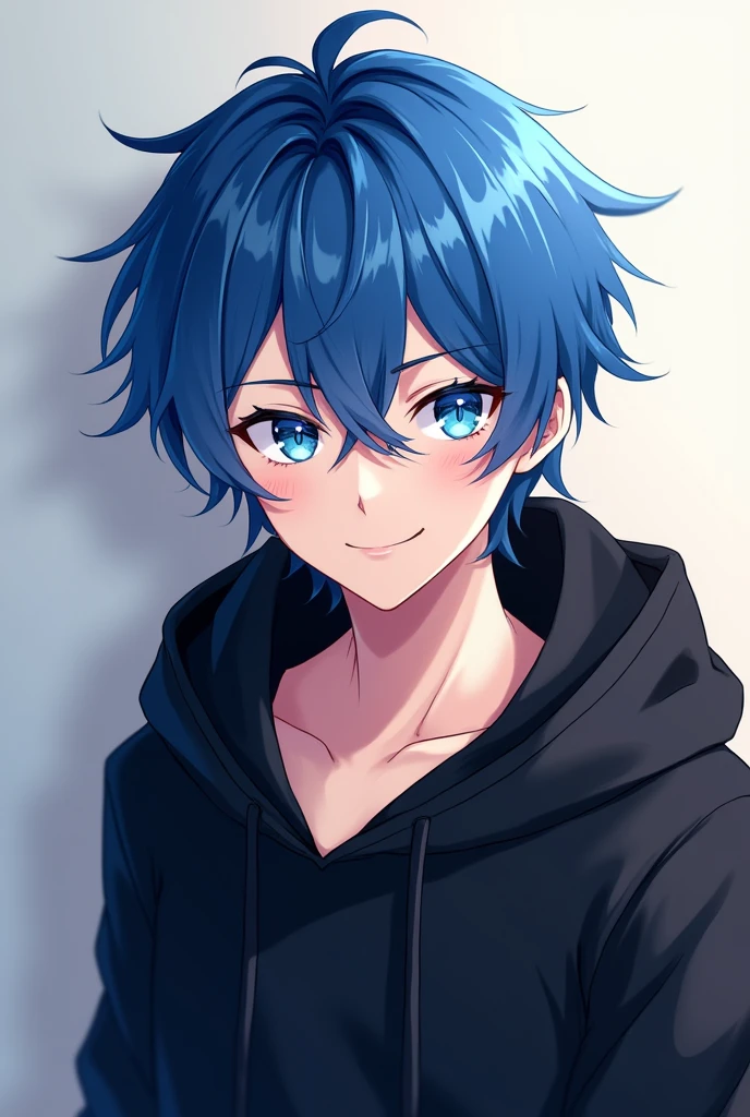 Anime male with blue hair and blue eyes smiling seductively wearing black hoodie