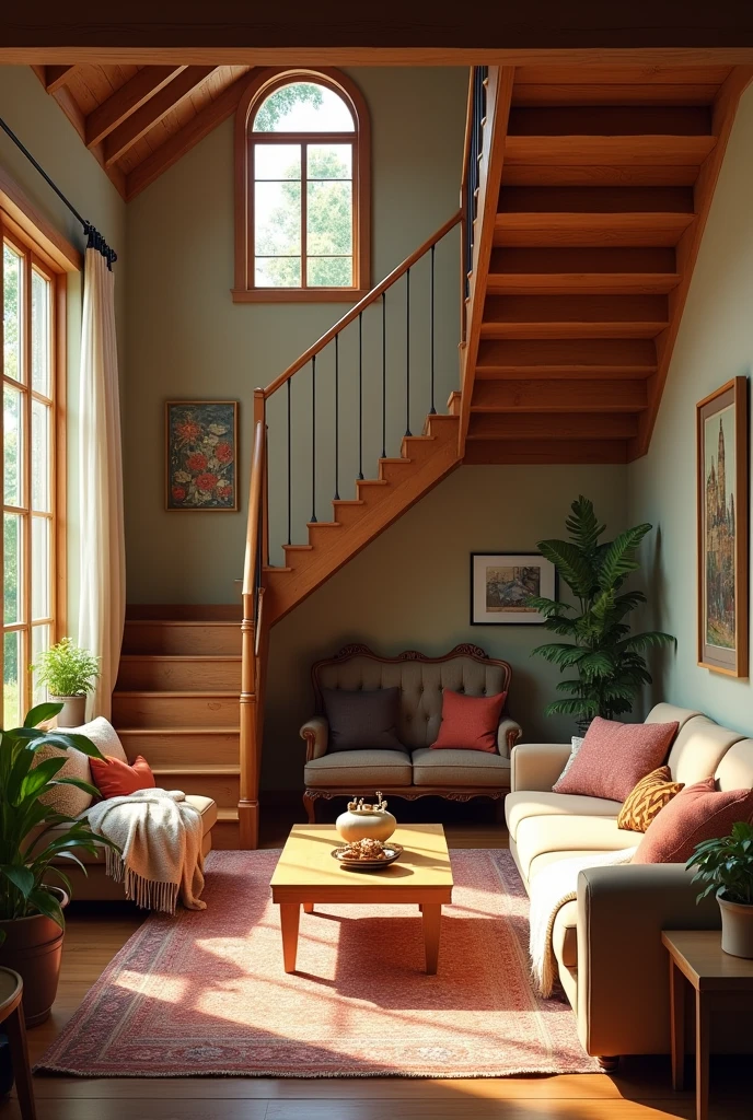 Living room with stairs in the middle