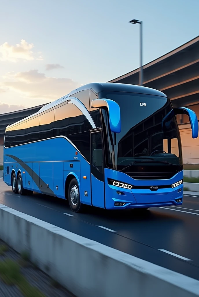 Blue and black g8 coach bus with name TW TUR on a track with all aluminum wheels and all black windows 
