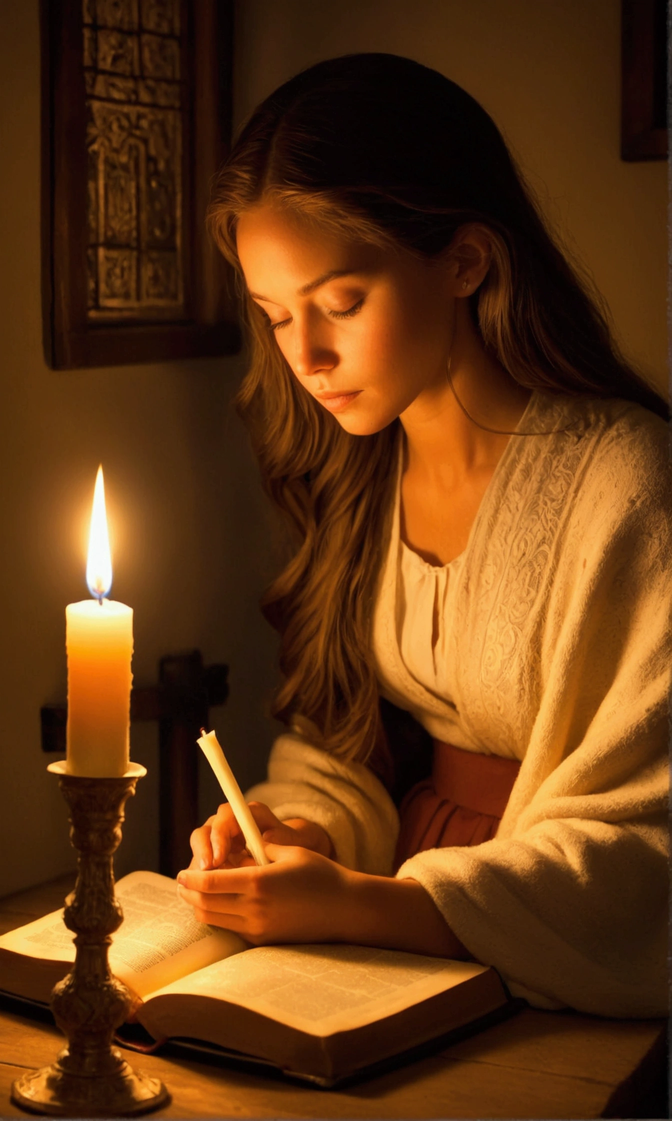 Depict a cozy room with a person reading the Bible by candlelight. The gentle light from the candle reflects on their face, symbolizing the inner radiance that comes from seeking God, free from shame and full of spiritual light.