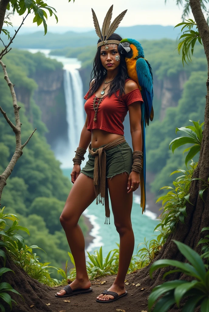A beautiful Brazilian Indian, indigenous to the Americas and not African, characterized by simple clothing, an old reddish t-shirt for orange and not pink , face painted like an Indian and a headdress with only 3 feathers, beautiful worked legs, Very realistic, a little dirty with earth, with a very cute and passionate face and an athletic body, with a blue macaw on a very high peak in the Amazon rainforest from where you can see the river and a waterfall, but the river must run on a plain, The woman must necessarily be facing forward and slightly crouched and in the spotlight, although among tropical bushes.