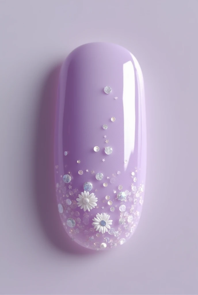 Gel nail painted in lilac with glitter and white