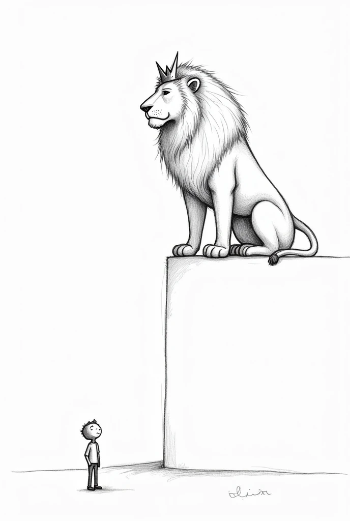 Make art as if it were drawn with a pencil, with simple dashes, that is simple to reproduce on paper, of a stick figure looking up from below, to a giant, majestic lion above him With the lion looking down!!!!
Put a crown on the lion and have the lion look at the little doll, being bigger than him