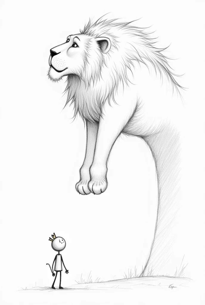 Make art as if it were drawn with a pencil,  with simple dashes, that is simple to reproduce on paper, of a stick figure looking up from below, to a giant, majestic lion above him With the lion looking down!!!!
Put a crown on the lion and have the lion look at the little doll, being bigger than him