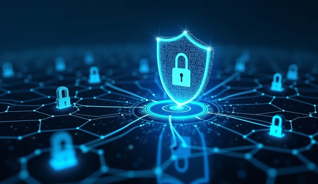 An abstract visualization of a glowing, transparent shield protecting a network of interconnected devices, symbolizing cyber security. Binary code and padlocks hover around the scene, indicating layers of encryption.