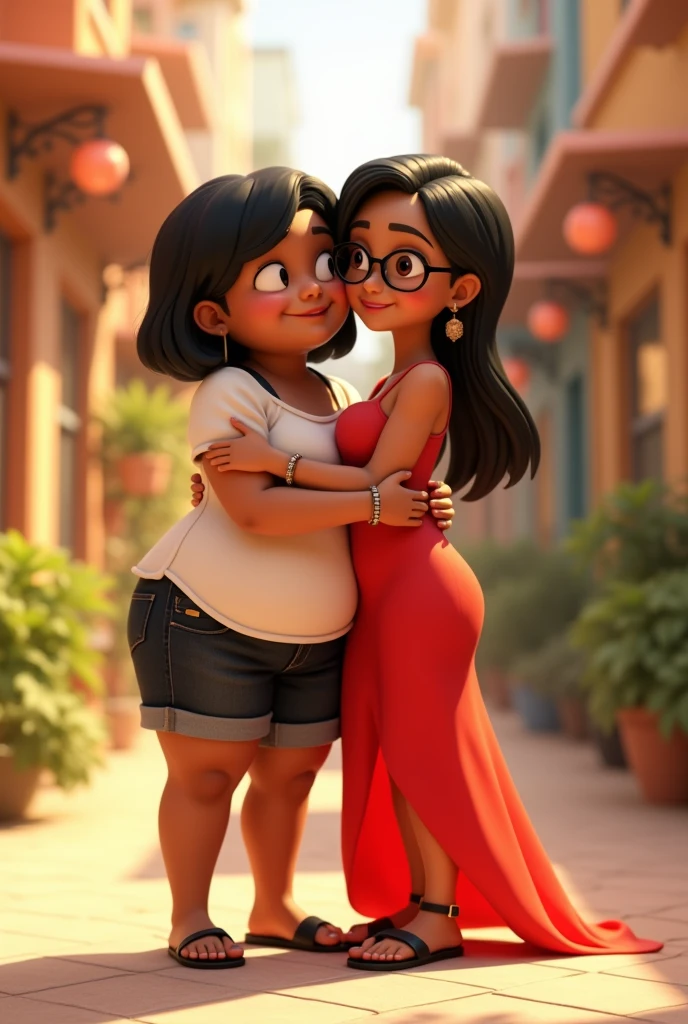 Create Disney Pixar Image, two friends hugging 3d a chubby one, brunette skin, black short hair, white blouse and black denim shorts, flip flop, relogio no pulso, And the other woman, skinny, Caucasian skin, hair long black, Eyeglasses, redgown, black high sandals, Bracelet & Watch