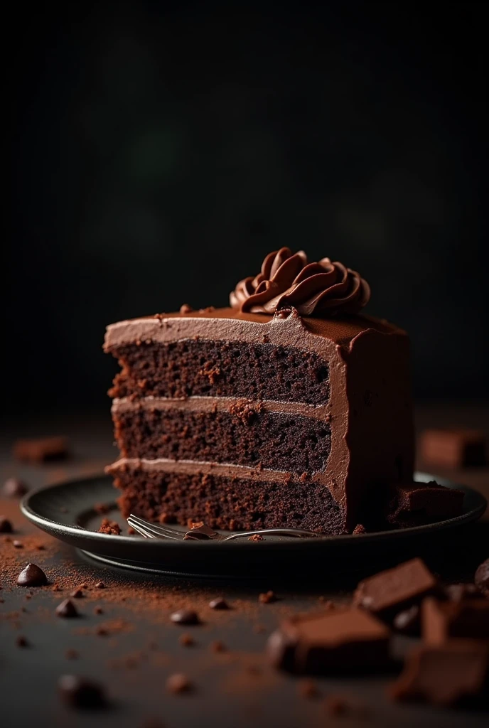 cinematic film still chocolate, chocolate cake, dark background, quality photo, moist texture, frosting, studio photo, slice . shallow depth of field, vignette, highly detailed, high budget, bokeh, cinemascope, moody, epic, gorgeous, film grain, grainy