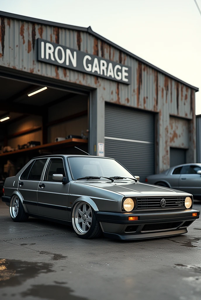 VW voyage lowered in front of the workshop named IRON GARAGE 