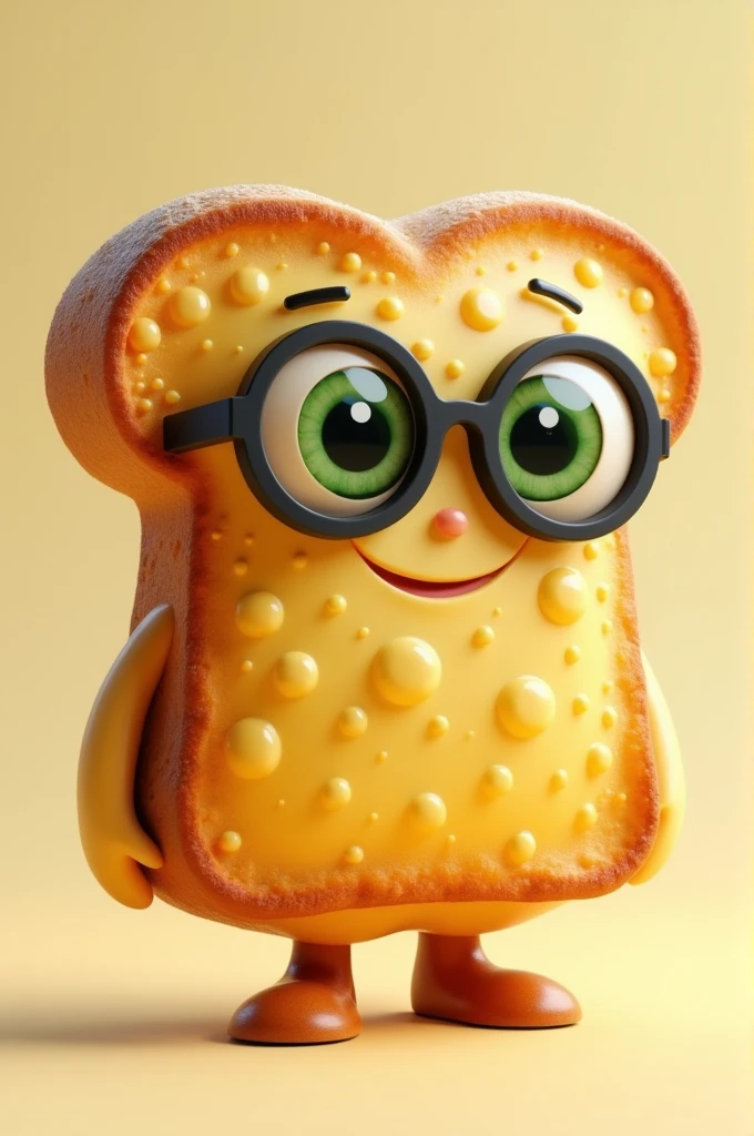 cheese bread with green eyes and glasses