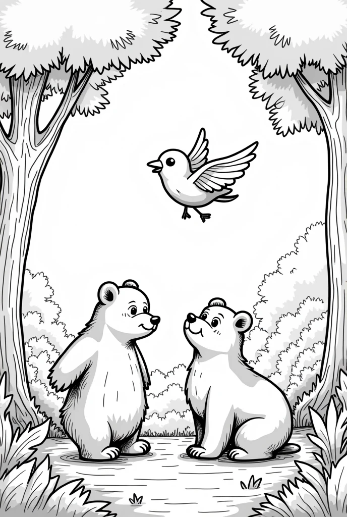 coloring book of a bird trying to teach a bear how to fly in the huge forest, no color, cartoon style, thick lines, strokes only, white background