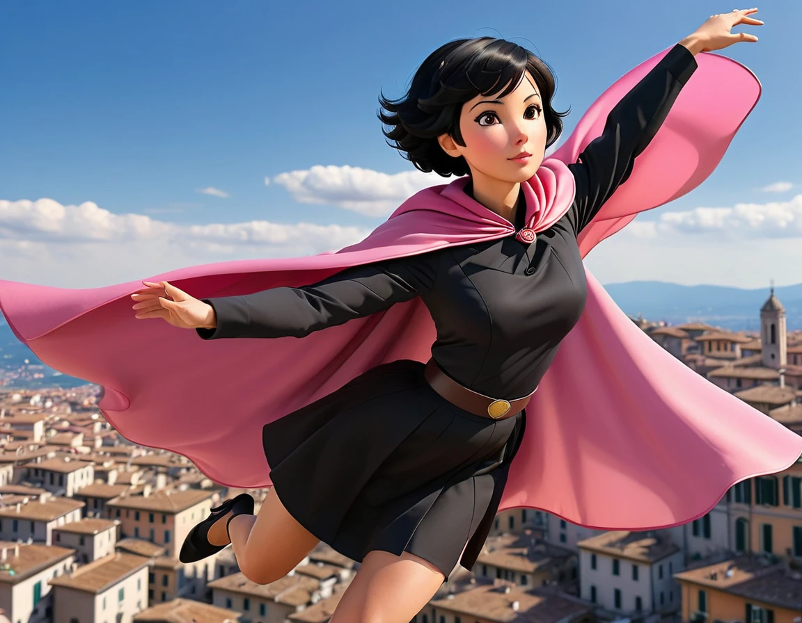 A 41 year old woman, short black hair, round, brown eyes, flying over a city in Italy, wearing a black uniform with a pink cape, with one arm stretched out and the sky very blue, high qualiy, details on the hands