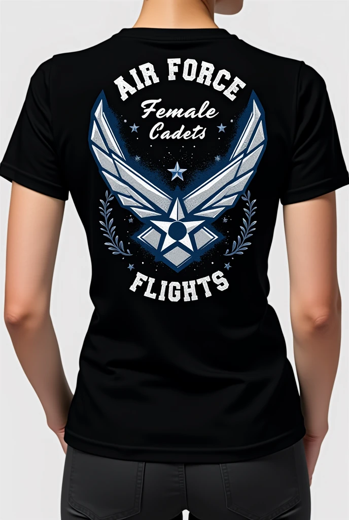 Clear! Aquí tienes una idea para un diseño de t-shirt  negro con cuello para cadetes femeninas de la Air Force:

**Front of T-Shirt:**
- **text at the top:** "Air Force" in big, fancy letters, in white or navy blue.
- **central image:** A stylized emblem of airplane wings with a star in the center, in shades of blue and silver to give a modern and professional touch.
- **Under the emblem:** the text "Female Cadets" in a smaller, clearer font.

**Back of T-Shirt:**
- **text at the top:** "United in Flight" in a cursive or handwritten font, for a feminine and dynamic touch.
- **Additional image:** A small branded plane pillan The design must maintain a balance between the professional and the stylized, reflecting both the discipline and the spirit of the cadets.