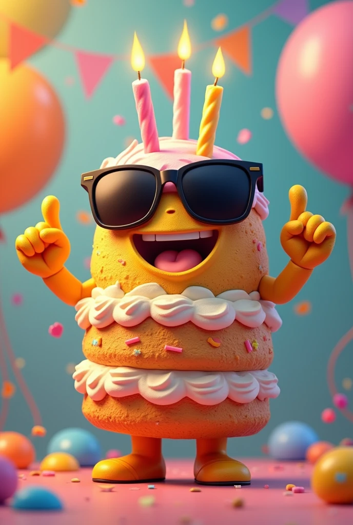 Please make a birthday cake character that has hands and feet and on the hands it has the rock sign and on the head it has dark glasses
