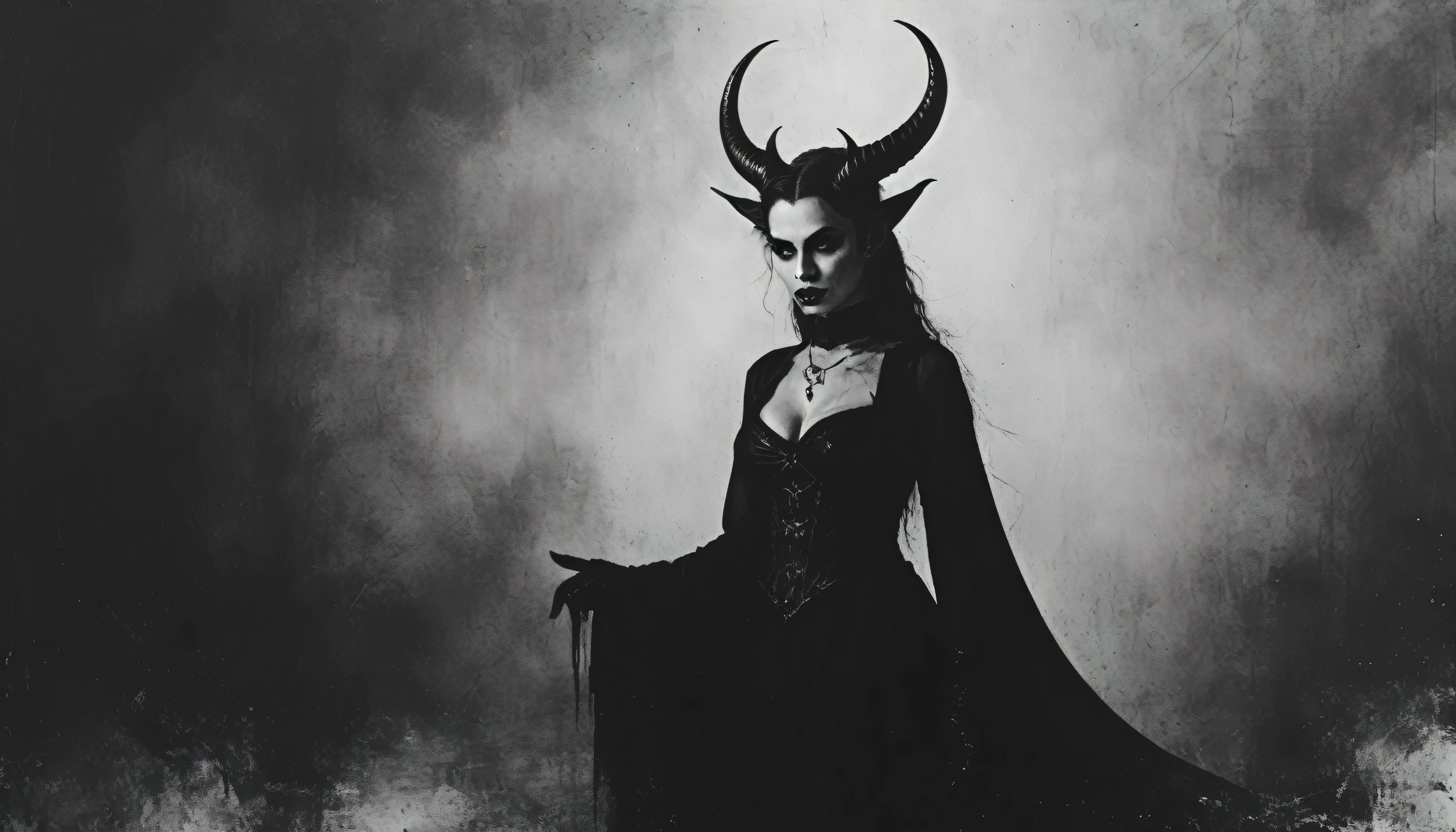 a painting of a holy succubus with horns, chiasmus, gloves, gothic dress, vampire the masquerade bloodlines, incredible art, gloomy background, nimbus, church ragged vestments, darksketch, close-up with more dark stare.
