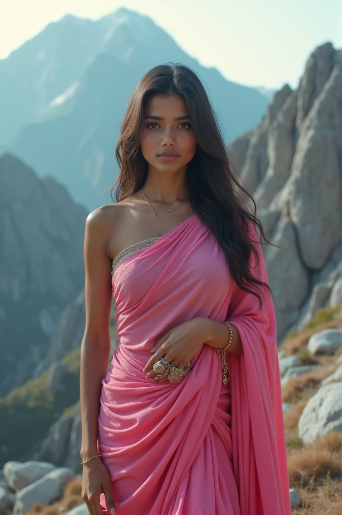 ((nsfw)), ((20 year old Indian girl)) , (very sharp photo:1.1), (8k, RAW photo, best quality:1.3), (realistic, photo-realistic, feminine, :1.1), (revealing pink saree) , Craggy mountain range, rocky terrain, dramatic peaks, cold, challenging, inspiring,  (beautiful typical modern woman, outdoors:1.5), analog style (look at viewer:1.2) (skin texture) (film grain:1.3), (warm hue, warm tone:1.2), close up, cinematic light, sidelighting, ultra high res, best shadow, RAW, upper body, large breasts, Microgeometry, skin elasticity, light scattering through hair, ambient occlusion, multi-layer skin shading, advanced color grading, perfect pussy, beautiful pussy, (exposed pussy)