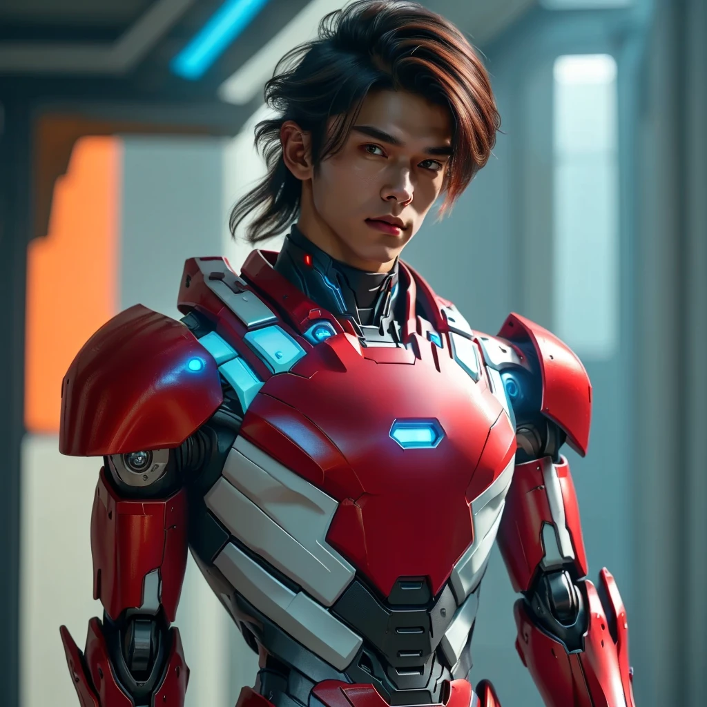 a young 17 year old boy wearing a red and white exoskeleton armor, a robot face on his chest , malaysian mullet hairstyle, detailed face and eyes, highly detailed, 8k, photorealistic, cinematic lighting, concept art, sci-fi. Led light blue.led light robot face on body Punisher. Marvel.
 next gen, future warrior, cyber suit, anton fadeev 8 k, like ironman, red armor, science fiction suit, sci - fi suit, cinematic full shot, high-tech red armor, wearing futuristic armor. a young 17 year old boy wearing a red and white exoskeleton armor, a robot face on his chest , malaysian mullet hairstyle, detailed face and eyes, highly detailed, 8k, photorealistic, cinematic lighting, concept art, sci-fi. Led light blue.led light robot face on body Punisher. Marvel.
