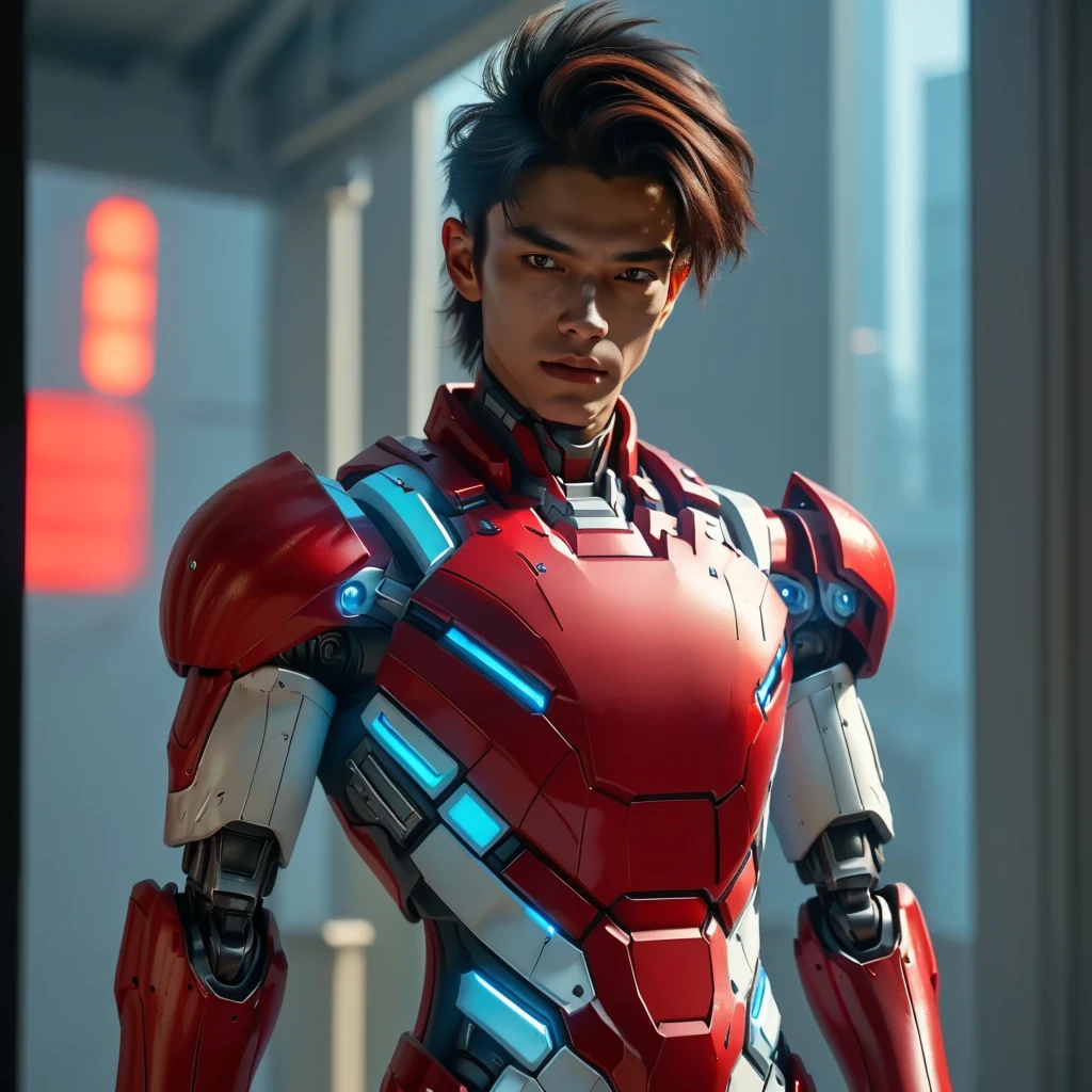 a  boy wearing a red and white exoskeleton armor, a robot face on his chest , malaysian mullet hairstyle, detailed face and eyes, highly detailed, 8k, photorealistic, cinematic lighting, concept art, sci-fi. Led light blue.led light robot face on body Punisher. Marvel.
 next gen, future warrior, cyber suit, anton fadeev 8 k, like ironman, red armor, science fiction suit, sci - fi suit, cinematic full shot, high-tech red armor, wearing futuristic armor. a young 17 year oldd and white exoskeleton armor, a robot face on his chest , malaysian mullet hairstyle, detailed face and eyes, highly detailed, 8k, photorealistic, cinematic lighting, concept art, sci-fi. Led light blue.led light robot face on body Punisher. Marvel.
