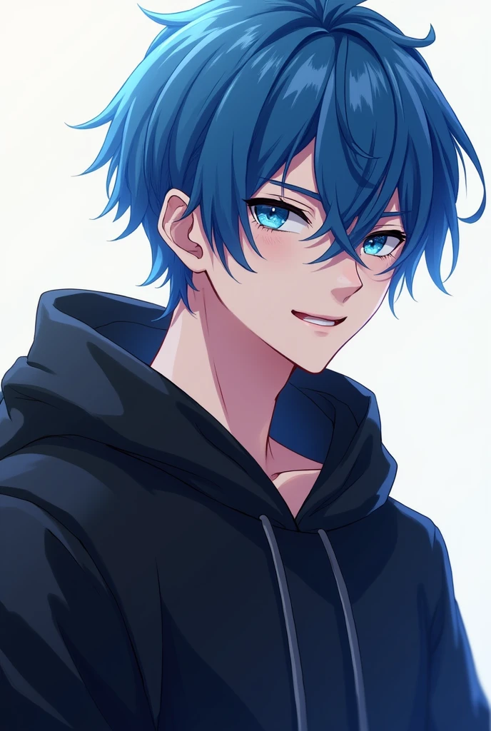 Anime male with blue hair and blue eyes smiling seductively wearing black hoodie