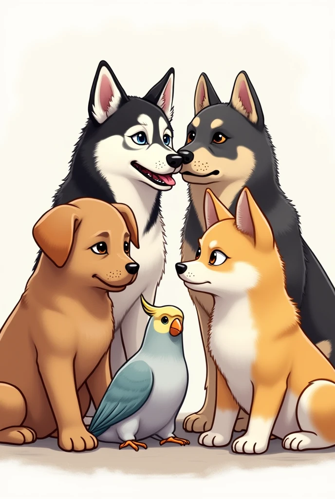 An illustration style image with 4 dogs, being a golden retriever, a furry black and white Siberian husky with one blue eye and one black eye, a gray yellow golden retriever, a yellow akita with beige and only one eye and a cockatiel