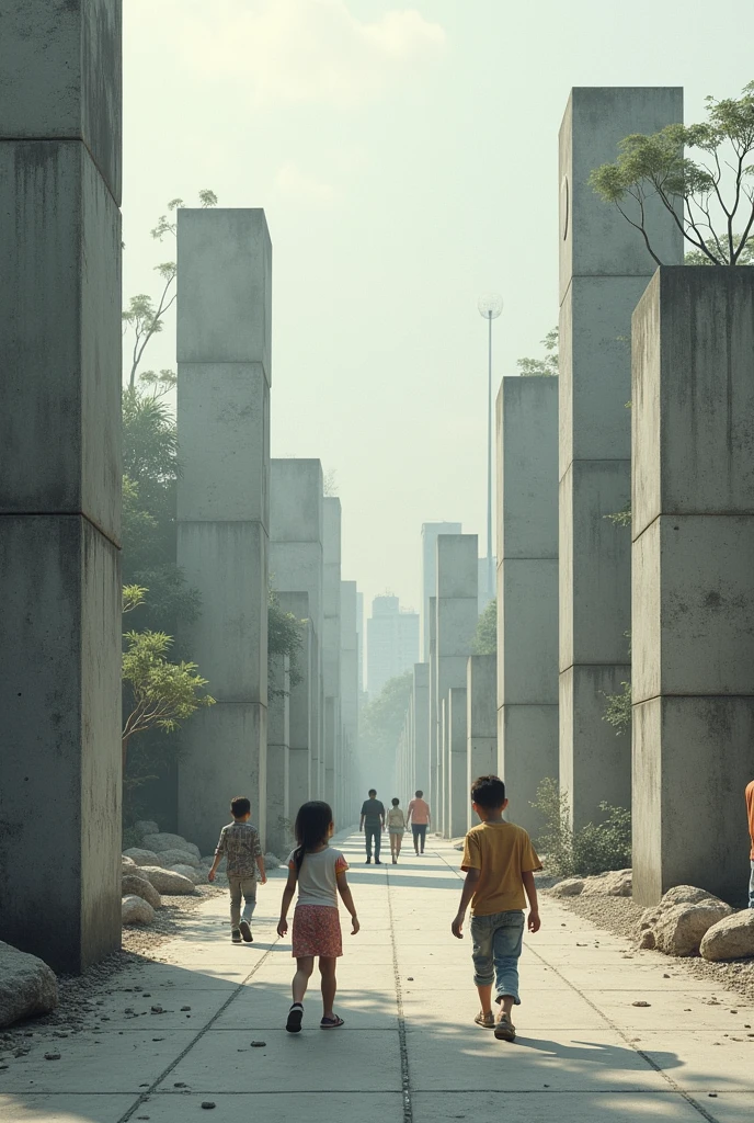 Create a park where children and people are playing But make all the trees concrete and grey Without any vegetation
