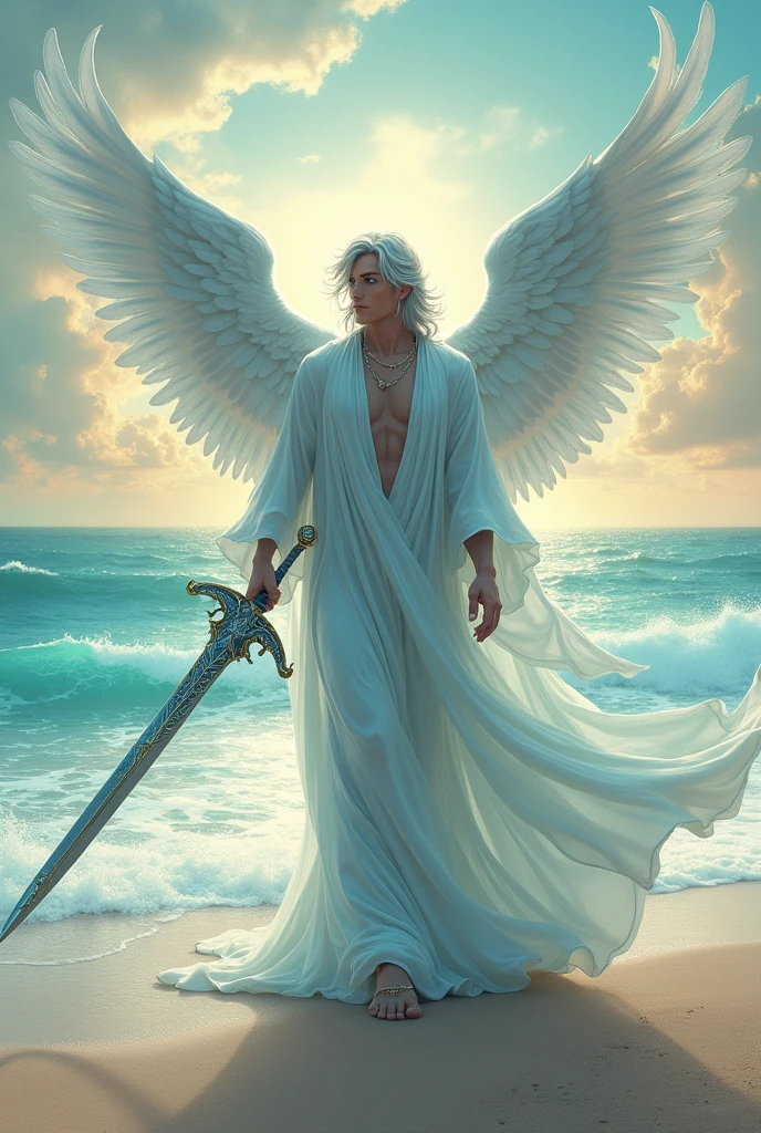 Male angel of the water element, with silver hair and sword, beach background