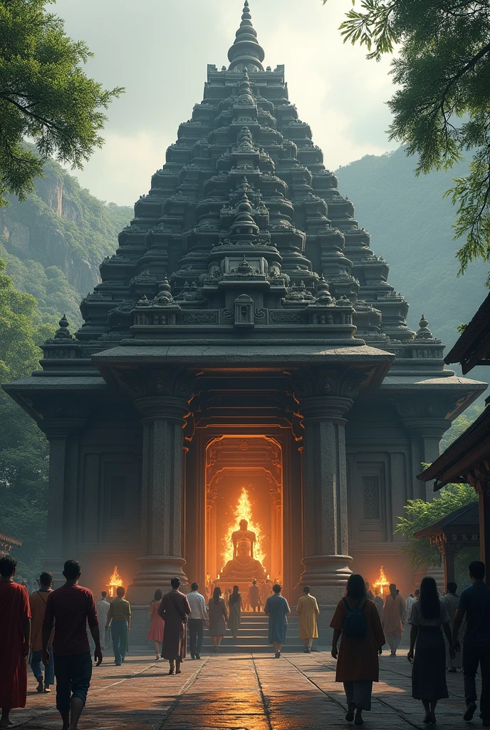 An old, quiet Hindu temple. People are seen coming and going outside the Shiva temple, but the peace inside is completely different. Lamps are burning, the sound of bells can be heard from a distance.