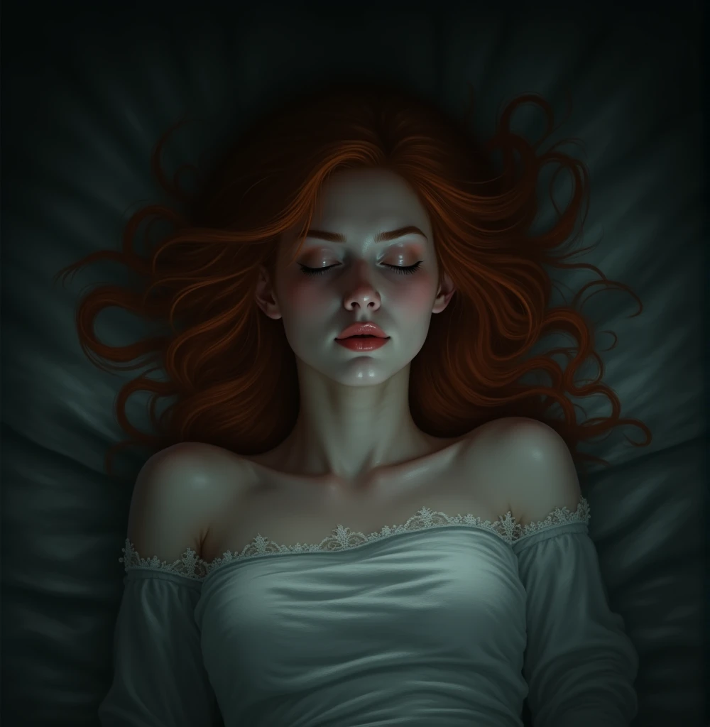 redhead woman waking up in a place full of shadows deep in the darkness 