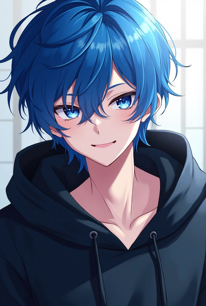 Strong Anime male with blue hair and blue eyes smiling seductively wearing black hoodie