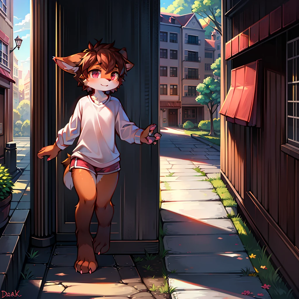 One person,Walk on the sidewalk on the side of the road,Pink mascot,Lovely image,drak,ember,Paw pads, Cute little animal fluffy,Four ears,Plain white shirt,Brown hair long