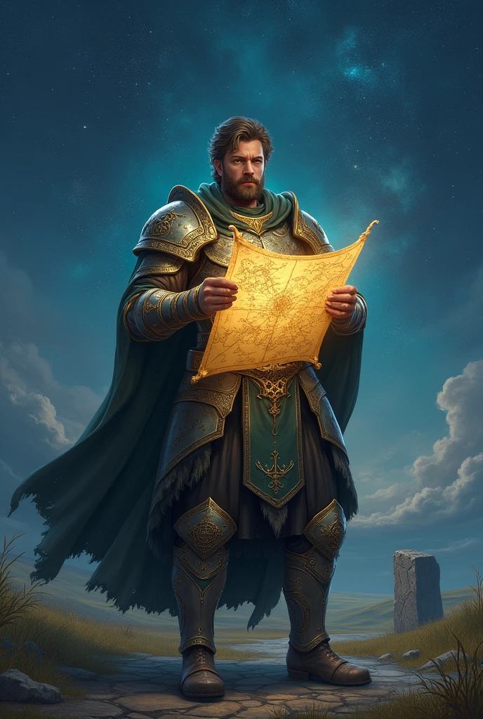 "In a magical land called Elvandor, a warrior man in armor stands on a vast plain under a sky full of stars. He is in front of an ancient stone, holding a glowing map with a mysterious glow". super realistico.