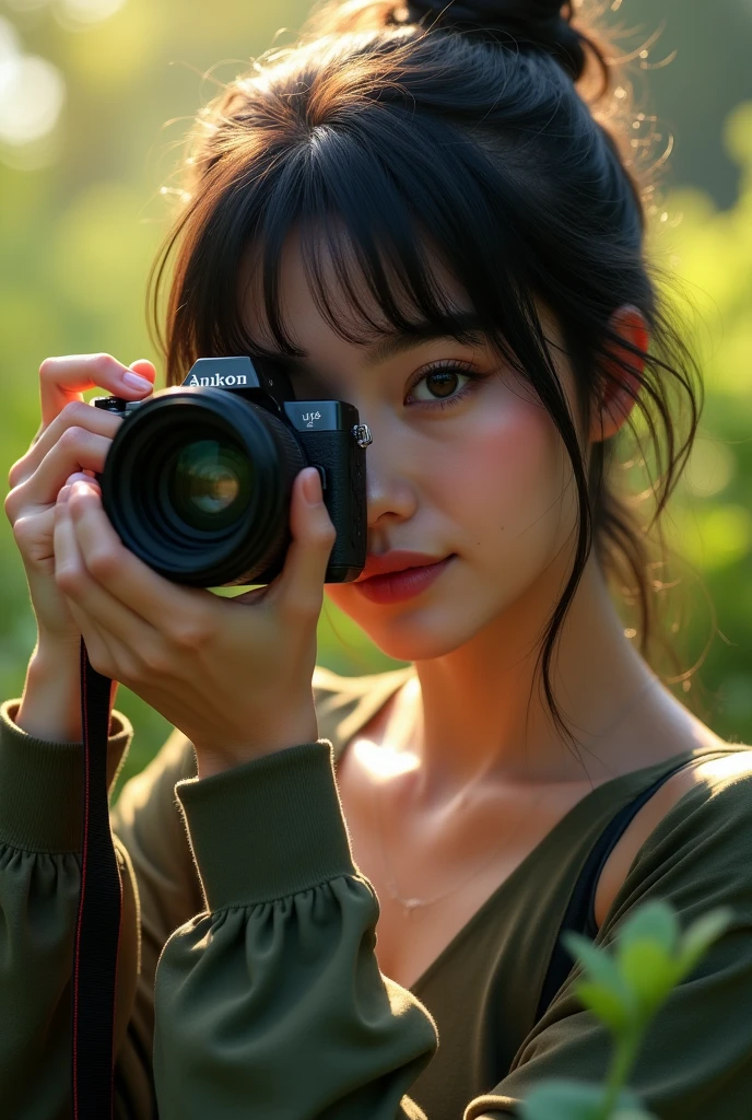 A Woman Photographer, Caucasian skin, freckles, black hair with bangs 