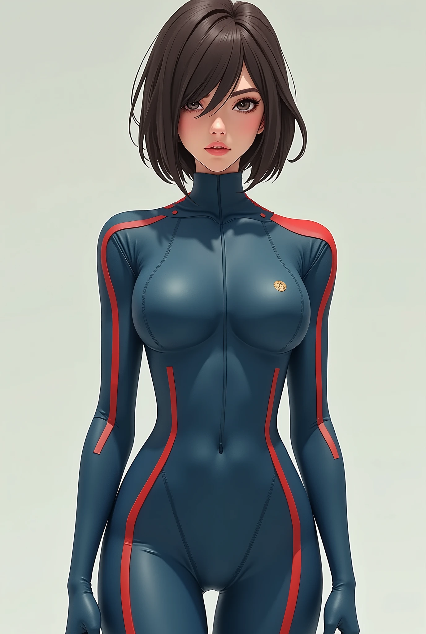 Young woman with short, straight brown hair in a mullet style, slim and small breasts, long sleeves and a high collar、blue rubber with red side lines throughout the suit, From the feet to the sleeves、Runs from the collarbone to the chest, red