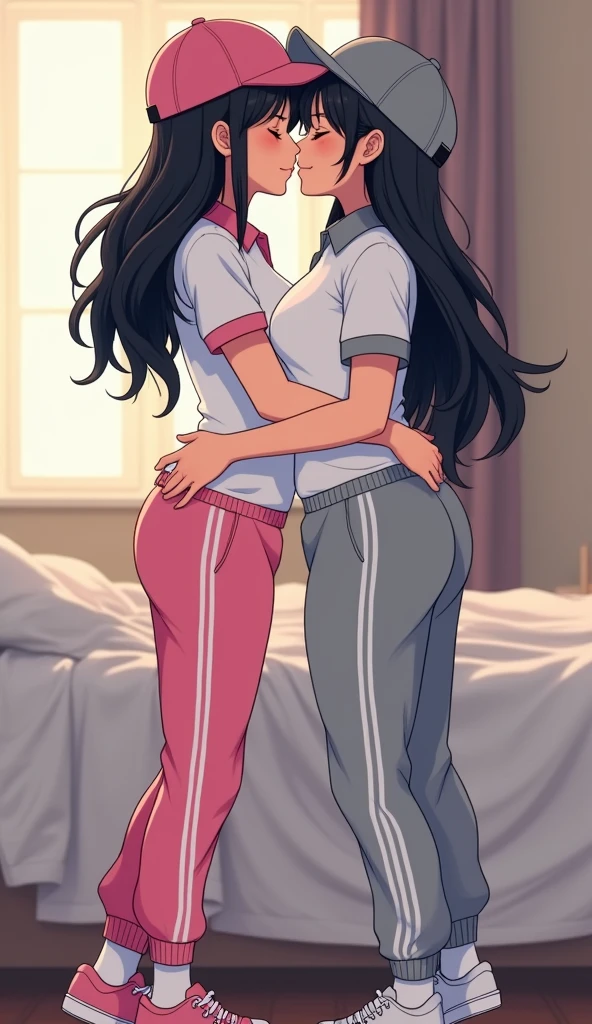 Two girls long black hairs, yuri

The first girl wear a white polo shirt pink shirt collar pink sleeves, pink cap, pink adidas sweatpants with three white stripes, white socks, pink adidas sneakers.

The second girl wore a white an polo shirt grey shirt collar grey sleeves, grey cap, grey adidas sweatpants with three white stripes, white socks, grey adidas sneakers.

The hem of their polo shirt was tucked into their pants.

hugging, kissing, sensual body, closed eyes, handle touch on the back butt, bedroom, novel cartoon, 4K, HD