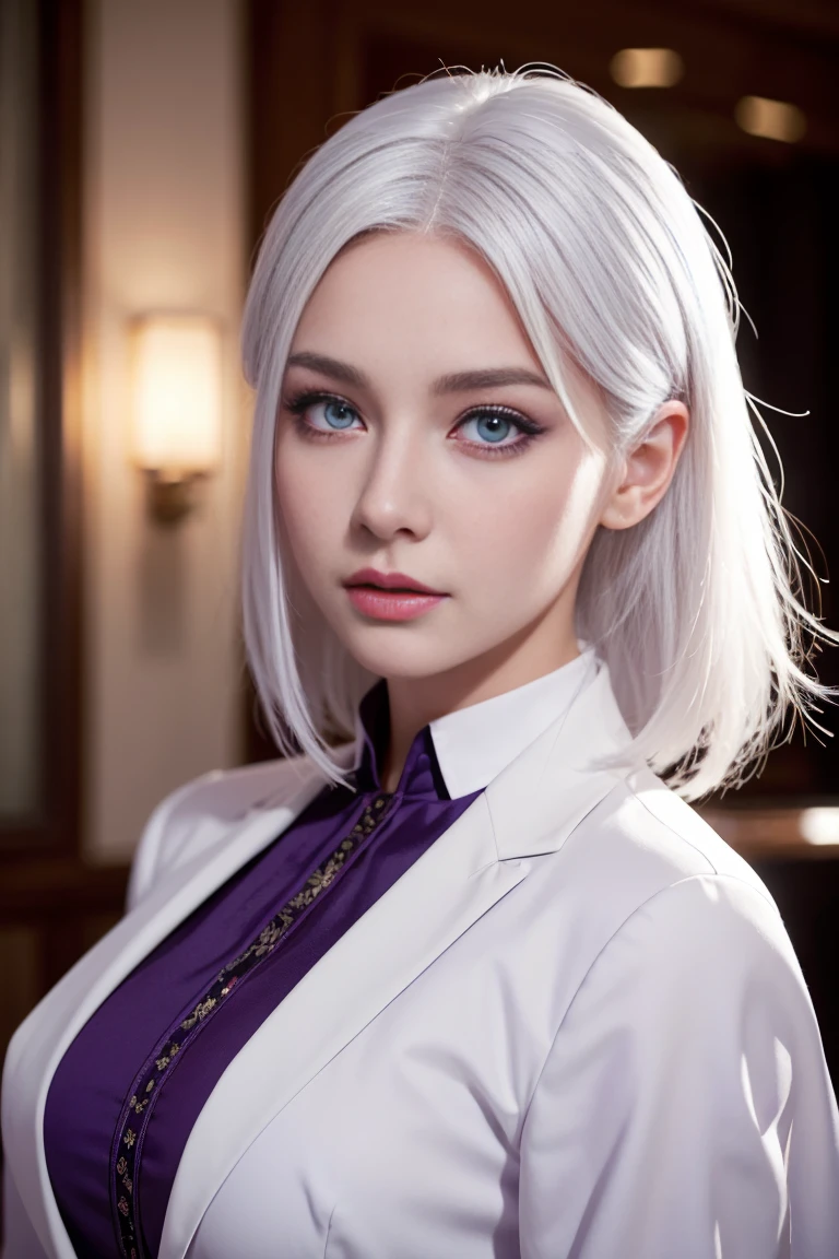 realistic, 1girl, white hair, purple eyes, glowing eyes, Realstic, with experience in a fancy restaurant, Super realistic 8k, Super detailed and realistic
