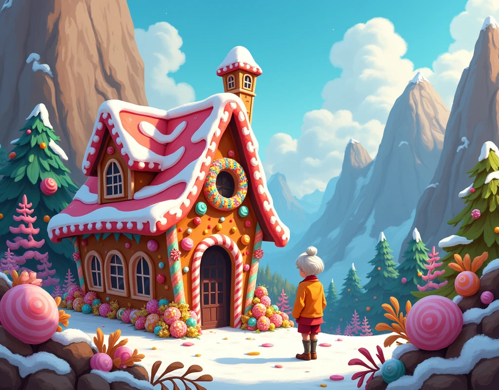 "Adventures of Aunty Connie and Luciano: The Candy Shack", childrens book, illustrated, fun, colorful, creative, ages 6-, woman and young boy infront of a cabin made of candy, in mountainous terrain.