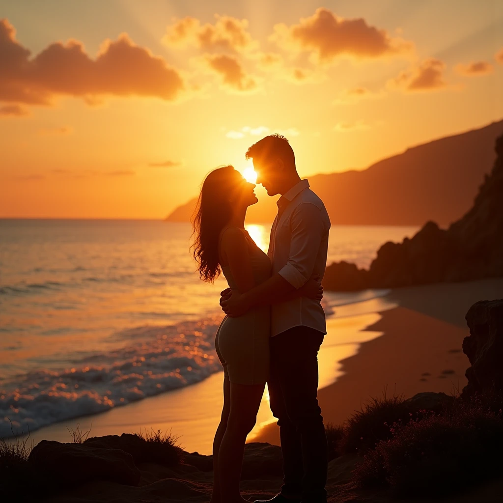 (Scene of Happiness), A couple enjoying the tranquility and romance of their world by the seaside at sunset. Using backlit shooting to highlight the couple's silhouette and warm atmosphere. Beautiful cinematic lighting, surreal, color graded, dynamic movement, captivating chiaroscuro, (special effects:0.1), full body, award-winning, cinematic still, emotional, vignette, dynamic, vivid, (masterpiece, best quality, photorealistic, Professional, perfect composition, very aesthetic, absurdres, ultra-detailed, intricate details:1.3)
