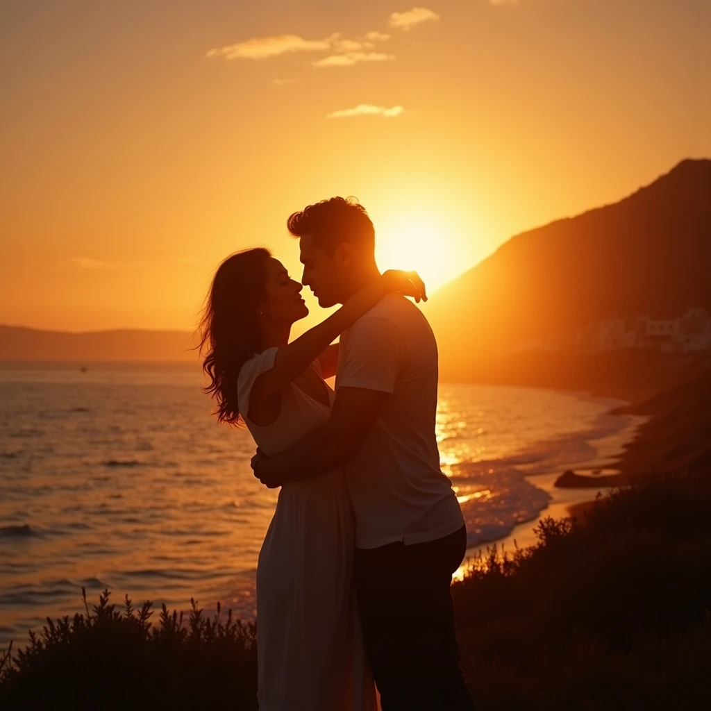 (Scene of Happiness), A couple enjoying the tranquility and romance of their world by the seaside at sunset. Using backlit shooting to highlight the couple's silhouette and warm atmosphere. Beautiful cinematic lighting, surreal, color graded, dynamic movement, captivating chiaroscuro, (special effects:0.1), full body, award-winning, cinematic still, emotional, vignette, dynamic, vivid, (masterpiece, best quality, photorealistic, Professional, perfect composition, very aesthetic, absurdres, ultra-detailed, intricate details:1.3)