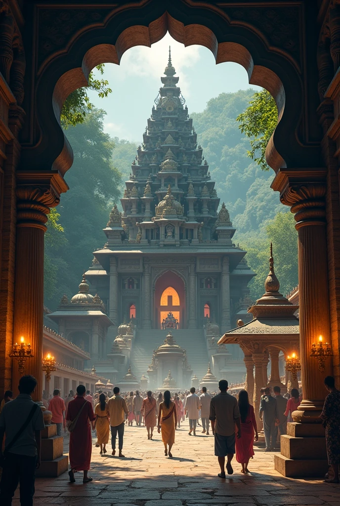 An old, quiet Hindu temple. People are seen coming and going outside the Shiva temple, but the peace inside is completely different. Lamps are burning, the sound of bells can be heard from a distance.