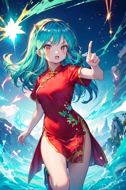 lum, Red Chinese Dress, Girl floating in the air, pointing index finger at viewer,index finger, electricity emitting from fingertip, Pale Lightning, angry face, open mouth