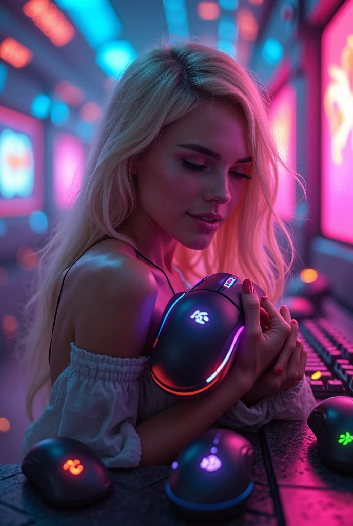 (photorealism:1.2),beautiful blonde woman hugging a rgb mouse in a technological scene full of rgb mouse and in the sky say redragon with neon light with a small dragon