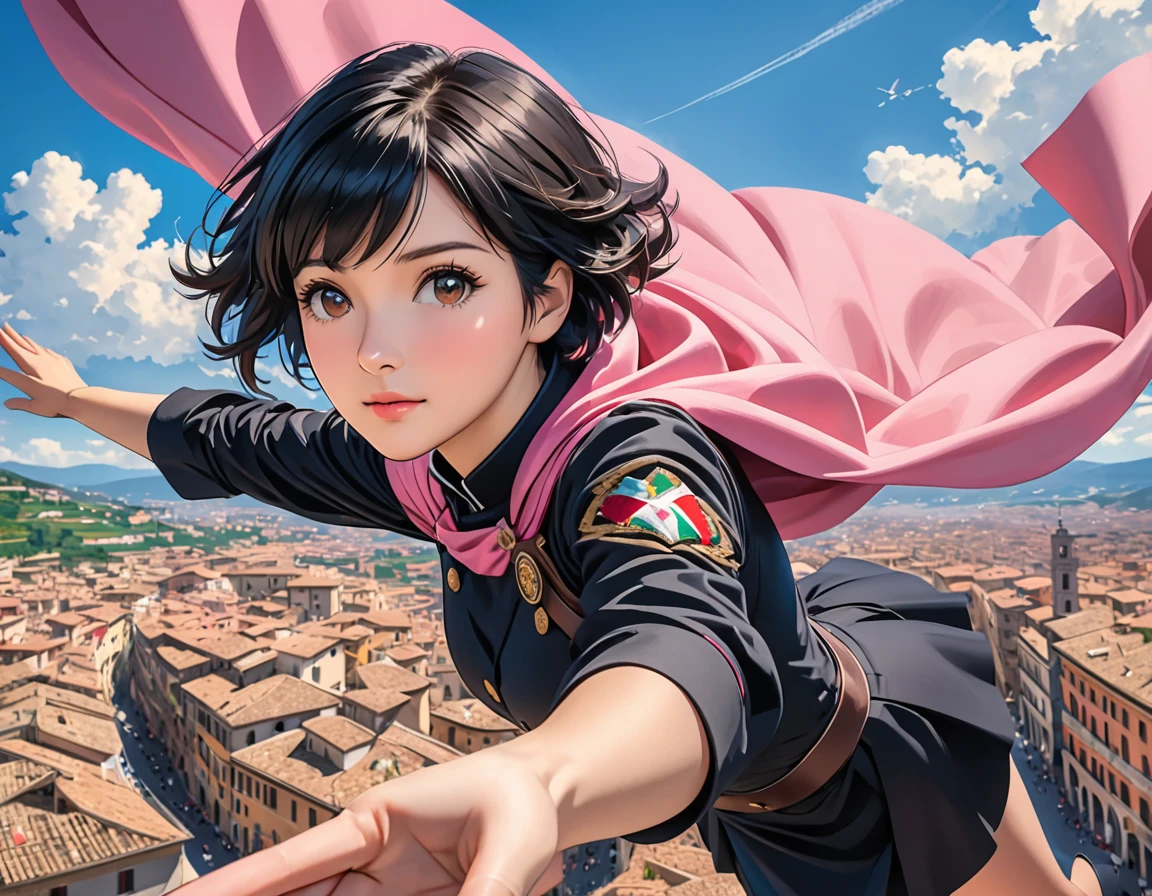 A 41 year old woman, short black hair, round, brown eyes, flying over a city in Italy, wearing a black uniform with a pink cape, with one arm stretched out and the sky very blue, high qualiy, details on the hands