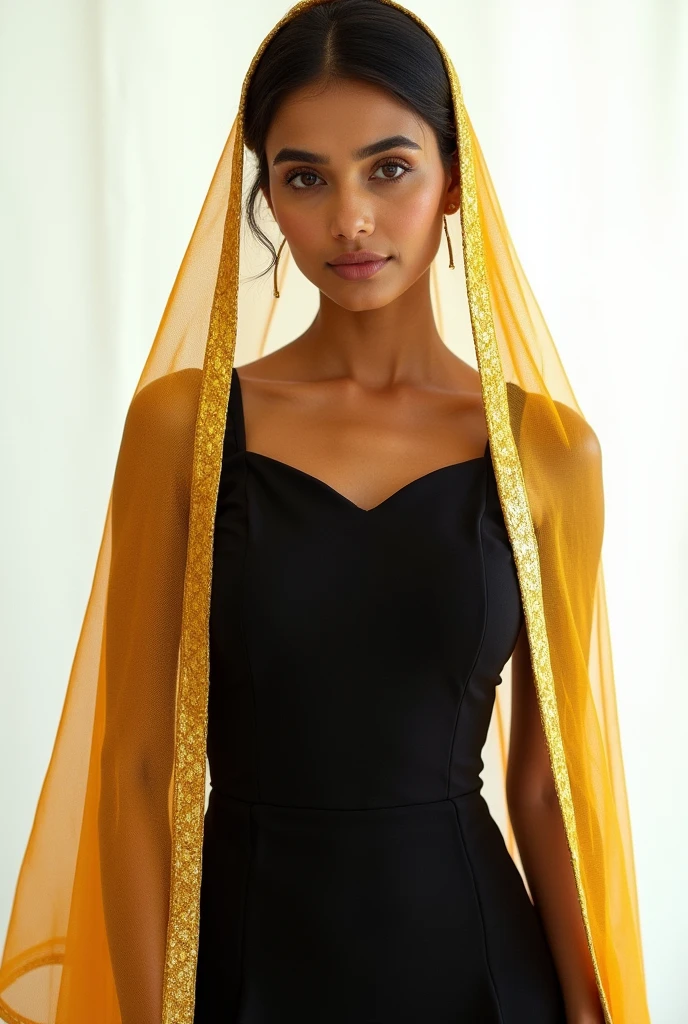 Plane shine silk duppta in golden color women wear in black color dress backgroud picture is white and duppatta wear on her head