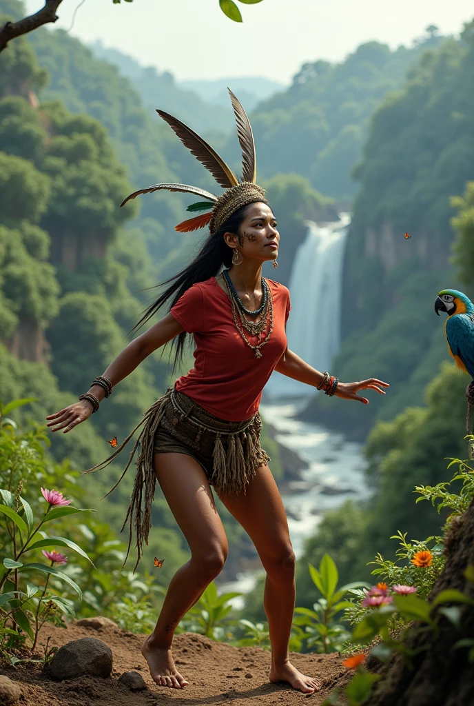 A beautiful Brazilian Indian, indigenous to the Americas and not African, characterized by simple clothing, an old reddish t-shirt for orange and not pink , face painted like an Indian and a headdress with only 3 feathers, beautiful worked legs, Very realistic, a little dirty with earth, with a very cute and passionate face and an athletic body, with a blue macaw on a very high peak in the Amazon rainforest from where you can see the river and a waterfall, but the river must run on a plain, The woman must necessarily be facing forward and slightly crouched, performing an athletic movement dancing with erflies and a little sweaty and standing out, although among tropical bushes of leaves and flowers..