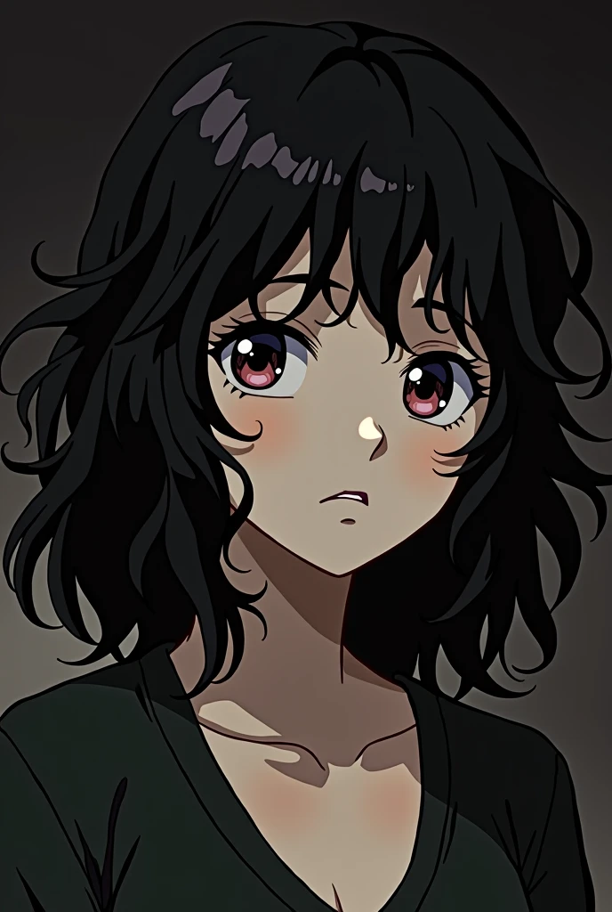 Black wavy hair、In old anime style、Serious face、Emo Comic Style、Medium dark background